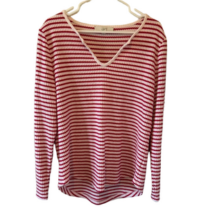 LOFT Red and White Striped V-Neck Sweater